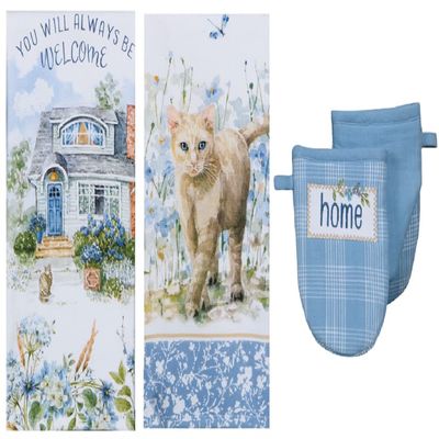 KayDeeDesigns 4 Piece Welcome Cottage Blue Kitchen Linen Bundle, Dual Purpose Towels and Grabber Mitt