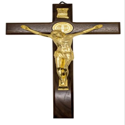 12" Dark Wood St. Benedict Crucifix with Metallic Corpus and Embedded St. Benedict Medals (Gold)