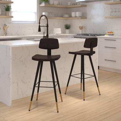 BizChair Kora Commercial Grade Low Back Barstools-Brown LeatherSoft Upholstery-Black Iron Frame-Integrated Footrest-Gold Tipped Legs-Set of 2
