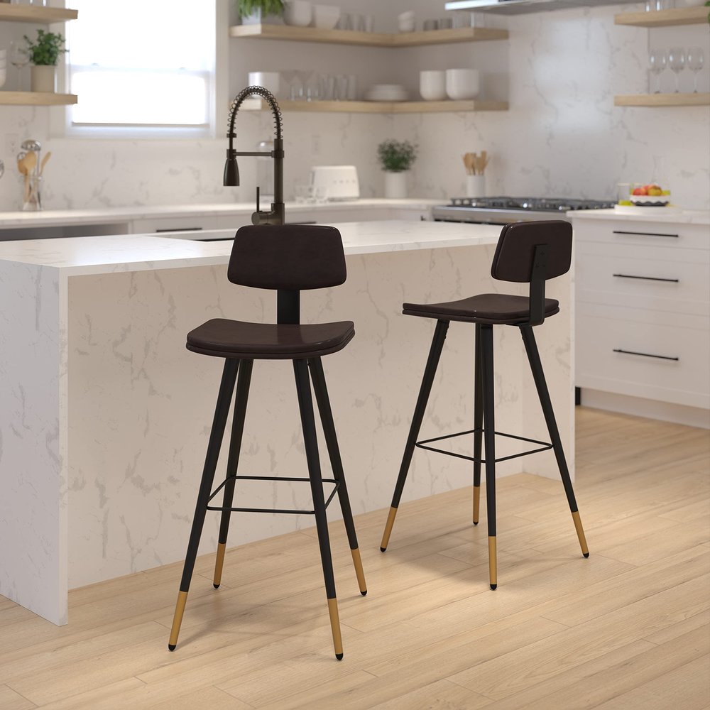 BizChair Kora Commercial Grade Low Back Barstools-Brown LeatherSoft Upholstery-Black Iron Frame-Integrated Footrest-Gold Tipped Legs-Set of 2
