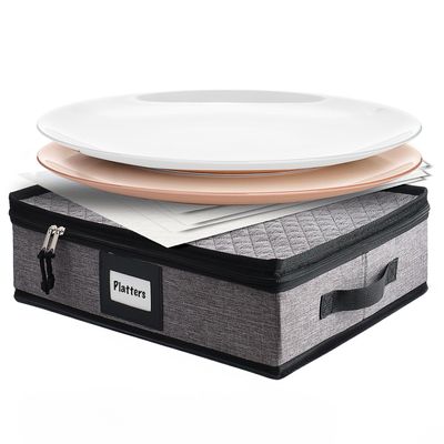 Platter Storage Case Fine China Storage Containers Hard Shell, Quilted and Stackable 16x 12.5x 3.5 Platter Storage Container with Handles and Felt Dividers for Moving and Seasonal Storage, Grey