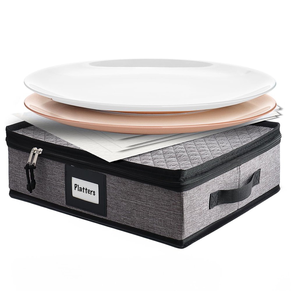 Platter Storage Case Fine China Storage Containers Hard Shell, Quilted and Stackable 16x 12.5x 3.5 Platter Storage Container with Handles and Felt Dividers for Moving and Seasonal Storage, Grey