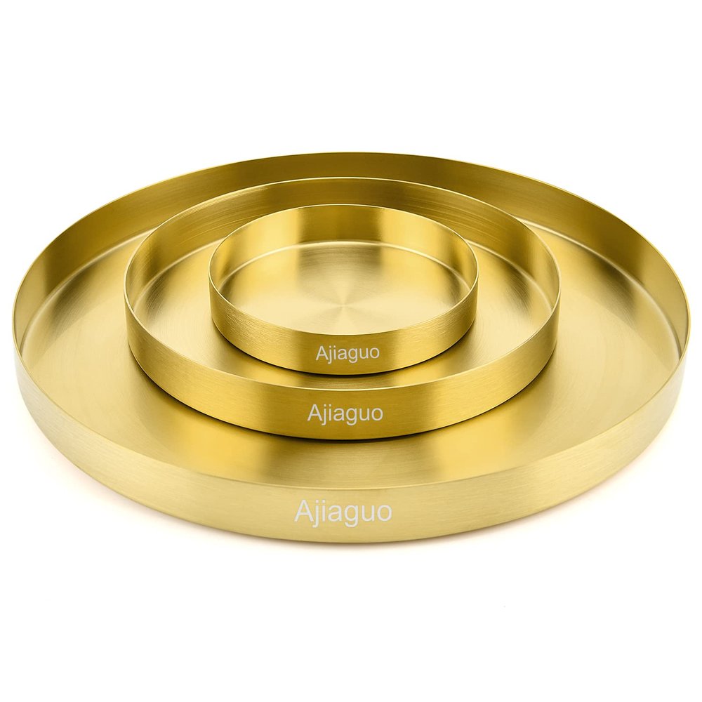 Gold Tray Round Serving Platter - Metal Decorative Plate for Bar Club Lounge Coffee Table Centerpieces Perfume Vanity Jewelry Display Cosmetic Storage Counter Bathroom Organizer (5"W+ 8"W+ 12"W 1.1"H)