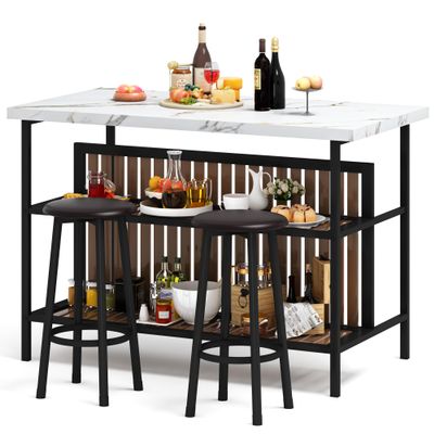 DKLGG Kitchen Island with Stools & Storage, Modern Dining Table Set for 2, 3 Piece Kitchen & Dining Room Sets Island Table for Small Space, Apartment, Home Bar, White