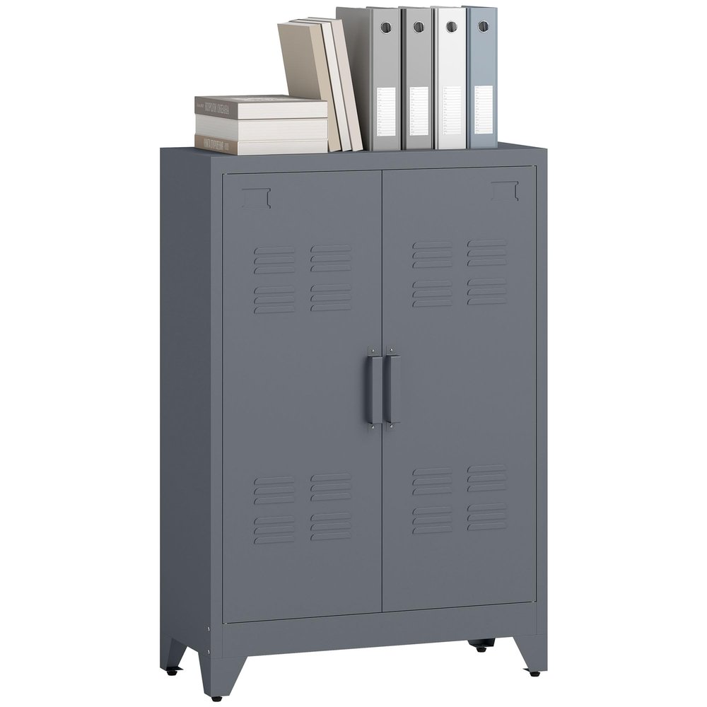 HOMCOM Industrial Storage Cabinet, Steel Garage Cabinet with Double Doors and Adjustable Shelves, Grey