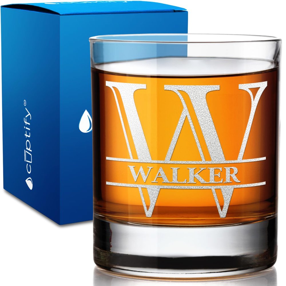 10.25 oz Custom Whiskey Glass - Script Monogram Initial and Name - Personalized Etched Bourbon Glasses - Old Fashioned Rocks Cocktail Glass - Gift for Men