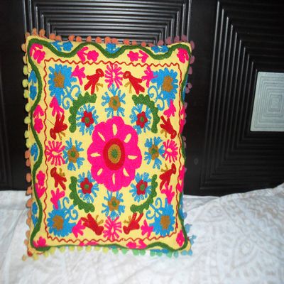 Boho Throw Suzani Pillow, Embroidered Pillow Covers 16x16, Decorative Throw Pillow Cover, Indian Pom Pom Outdoor Pillow (50)