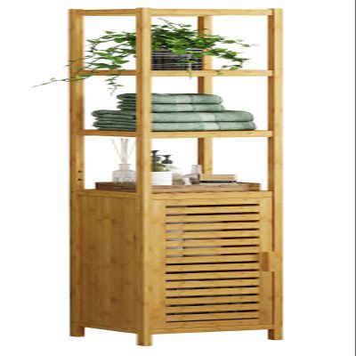 VIAGDO Storage Tall Slim Cabinet with Shutter Door and 3 Tier Shelves, Freestanding Linen Tower Cabinet for Living Room, Kitchen, Bathroom Organizer, Natural Bamboo