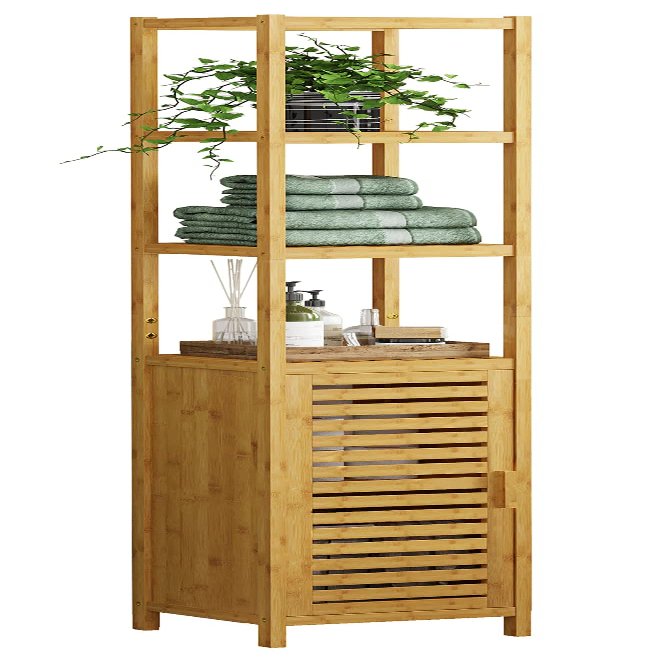 VIAGDO Storage Tall Slim Cabinet with Shutter Door and 3 Tier Shelves, Freestanding Linen Tower Cabinet for Living Room, Kitchen, Bathroom Organizer, Natural Bamboo