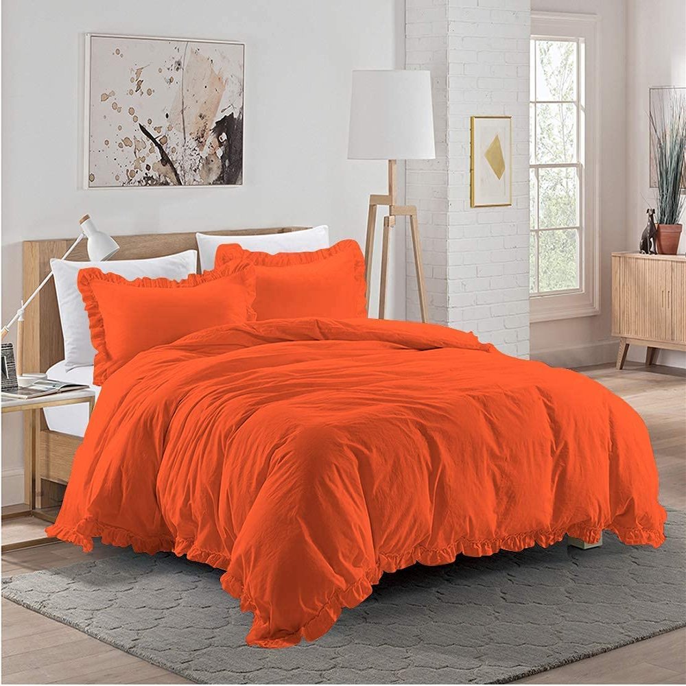 Xtream Fabric Ultra Soft 1 Piece Frilled Duvet Cover with Beautiful Corner Edge Ruffle Comforter Cover 100% Cotton 800 TC Solid Full/Queen Size, Orange