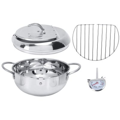 Japanese Deep Frying Pot, Deep Fryer Pot, Stainless Steel with Thermometer/Lid/Draining Rack, for French Fries Shrimp Chicken (2.2L)