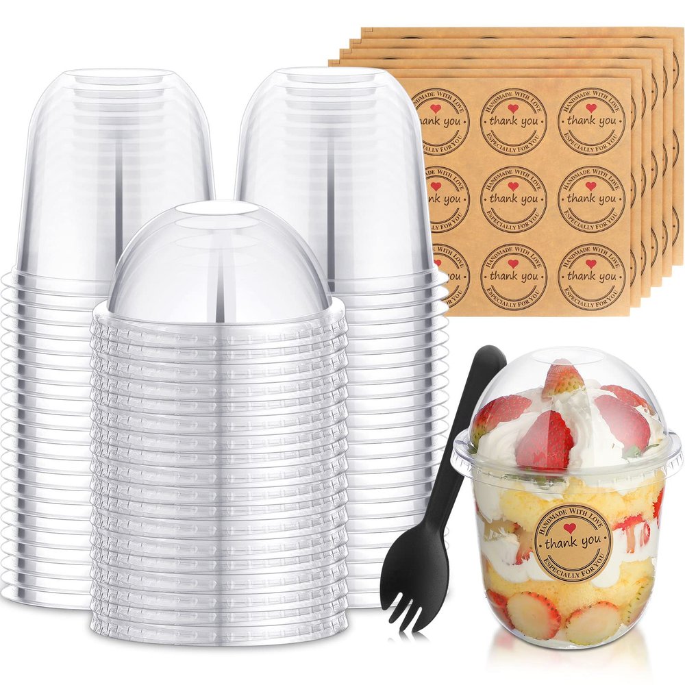 Cunhill 50 Pack Dessert Cups with Dome Lids Disposable Plastic Cups with Lids Clear Pet (No Hole), Sporks and Stickers for Plastic Fruit, Cake and Mini Snack Bowls(12 oz,Simple Cup)