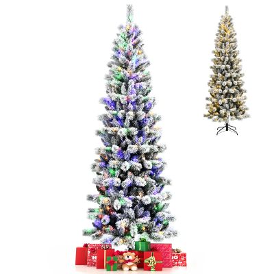 GOFLAME 8ft Snow Flocked Artificial Christmas Tree, Pre-lit Pine Tree w/ 9 Lighting Modes, 795 PVC Branch Tips & 350 Remote-Controlled Multi-Color LED Lights, Holiday Festival Decoration Tree