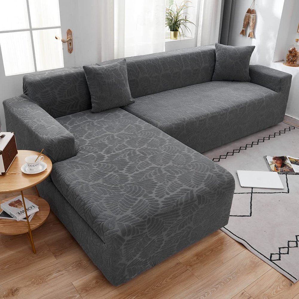 jia cool 4 seat Velvet Stretch Sofa Cover, 1 Piece Solid Color Plush Sofa Protector for Couch L-Shaped Sectional Sofa Light Gray