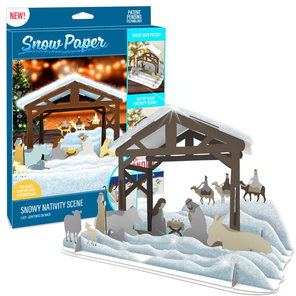 Creative Kids Snow Paper Snowy Nativity Scene Set with Paper Sheets Turn to Snow, White
