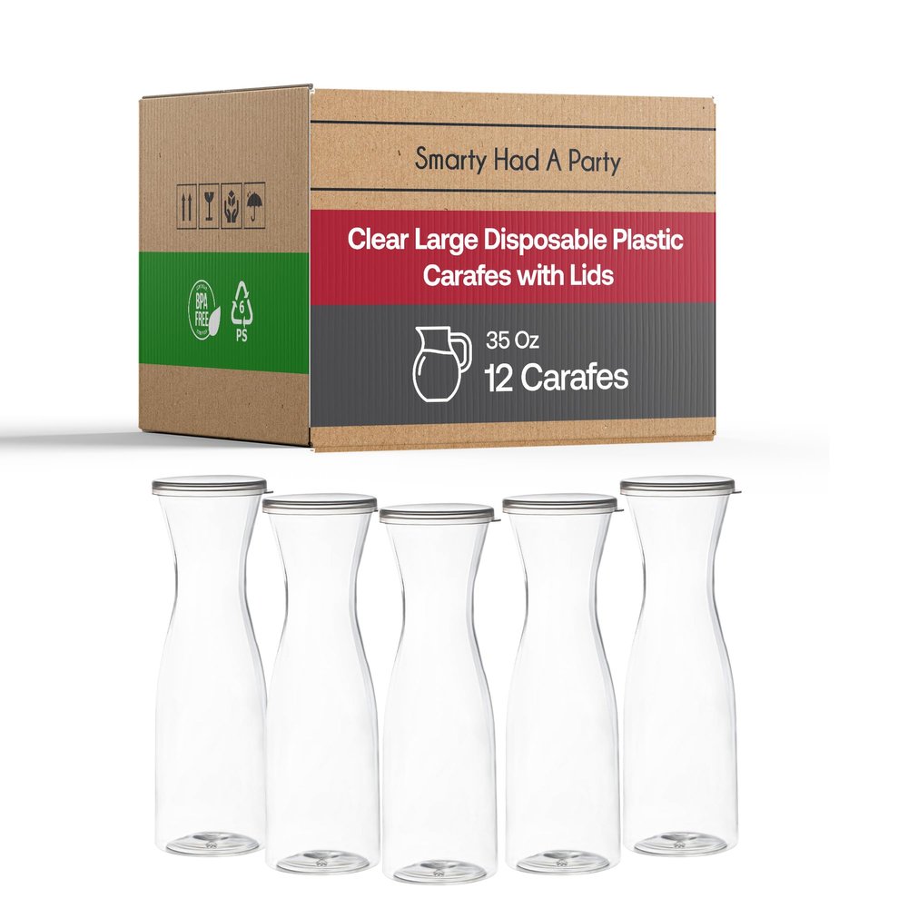 35 oz Clear Plastic Drink Servers with Lids (12 Piece Set)  Disposable Carafe for Juice & Carafes for Mimosa Bar  Sangria Pitchers, Plastic Pitcher with Lid for Serving Tables| Smarty Had A Party