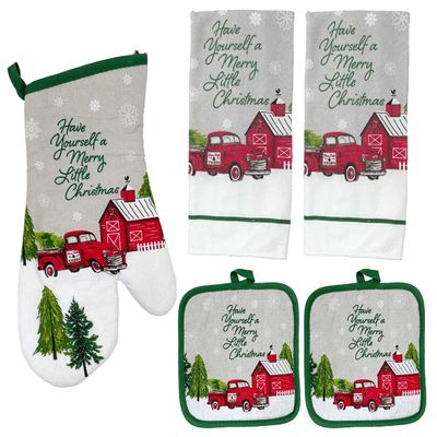 Red Truck Christmas Kitchen Set - Pot Holders, Oven Mitts and Towels