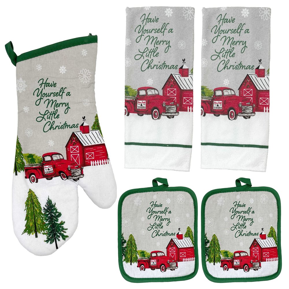 Red Truck Christmas Kitchen Set - Pot Holders, Oven Mitts and Towels