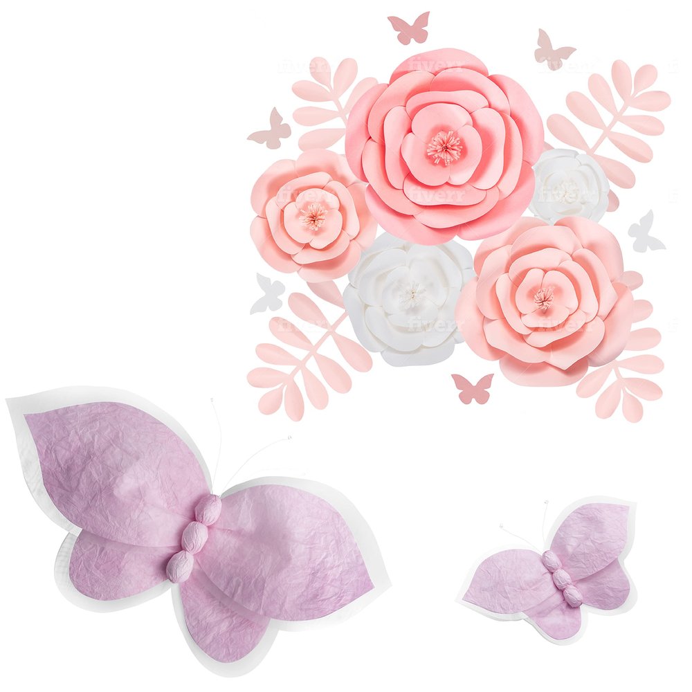 Rainbows & Lilies Paper Flowers Decorations for Wall & Butterfly Decorations Bundle - Great for Nursery Decor, Bridal Shower, Baby Shower, Party Backdrop - Handmade & Assembled 3D Wall Decor