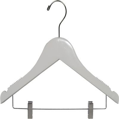 12 inch Kids Wooden Hanger with Clips 50 Pack, Children Toddler Non-Slip Shoulder Solid Wood Shirt Pants Coat Hangers, White Finish