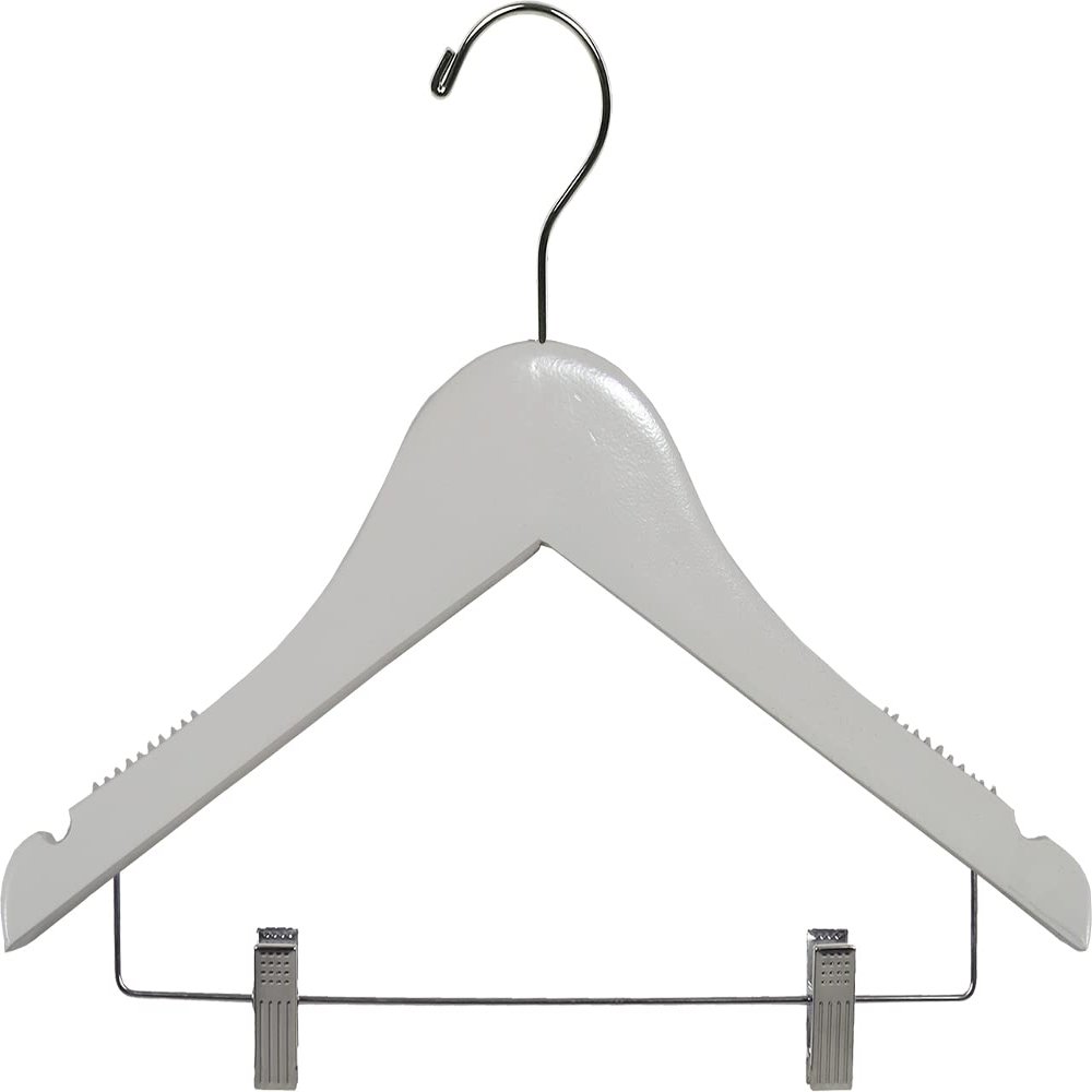 12 inch Kids Wooden Hanger with Clips 50 Pack, Children Toddler Non-Slip Shoulder Solid Wood Shirt Pants Coat Hangers, White Finish