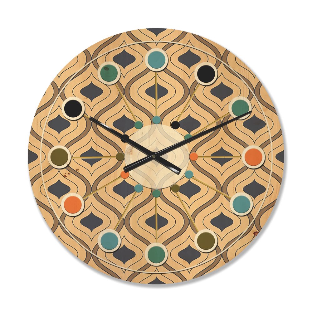 DesignQ 'Ornamental Retro Design VII' Mid-Century Modern Wood Wall Clock Large Decorative Mid-Century Modern Wall Clock Oversized Wood Clocks for Living Room Dcor