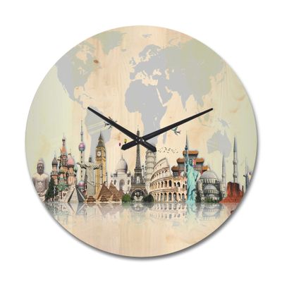 DesignQ 'World Famous Monuments' Modern Wood Wall Clock Large Decorative Modern & Contemporary Wall Clock Oversized Wood Clocks for Living Room Dcor