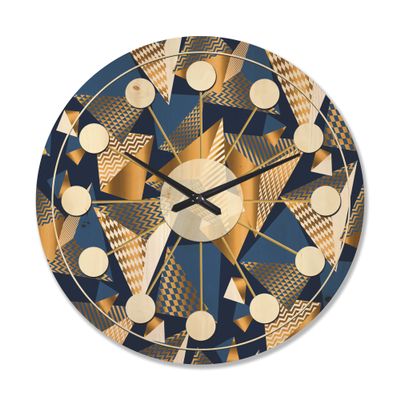 DesignQ 'Blue and Gold Cubes' Mid-Century Modern Wood Wall Clock Large Decorative Mid-Century Modern Wall Clock Oversized Wood Clocks for Living Room Dcor