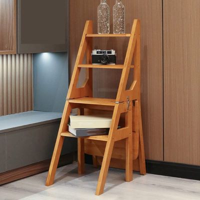 Step Stool Wood Folding Ladder Milti-fuction Safety Household Stepladder Convertible Stairs Chair Shoe Bench/Flower Rack Walnut