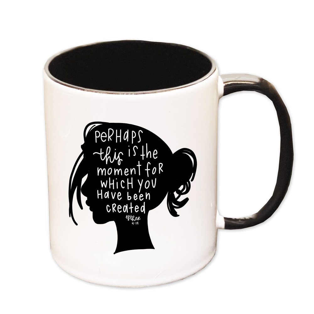 Bible verse Esther 4:14 coffee mug by swaygirls | Perhaps you were born for such a time as this | Christian coffee cup (15 oz, White/Black)