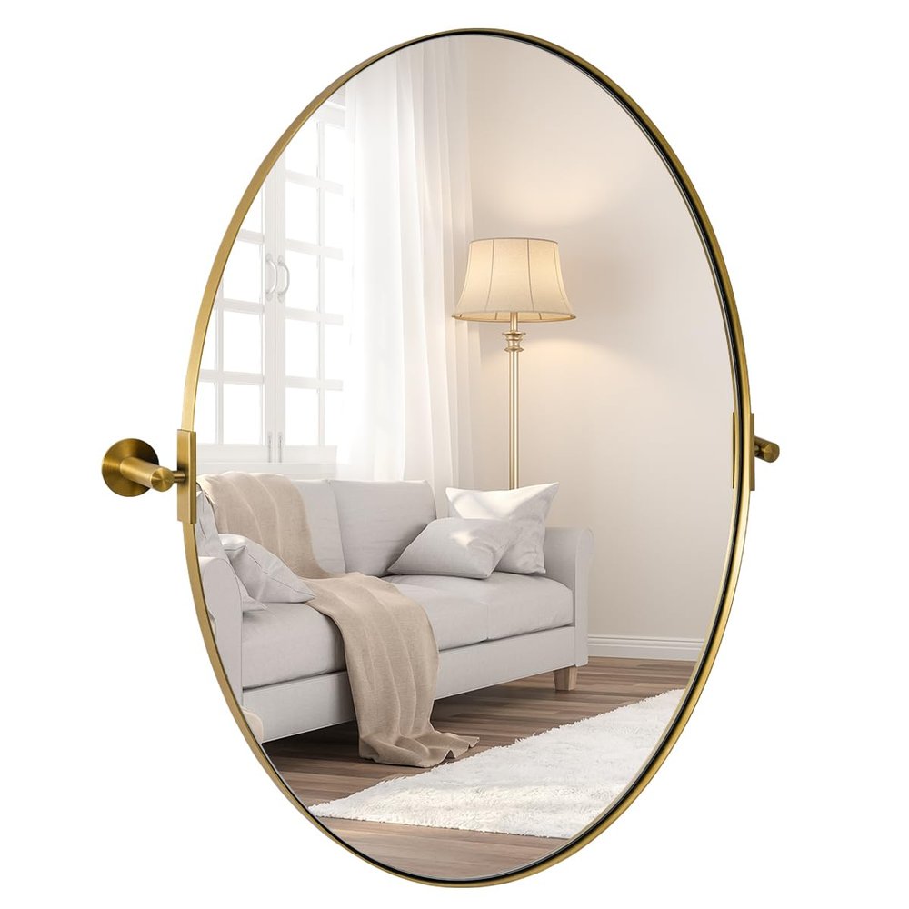 ANDY STAR Gold Bathroom Mirror, 20" x 30" Tilting Vanity Oval Mirror for Wall, Brushed Gold Stainless Steel Metal Frame Pivot Mirror Hangs Vertically Wall-Mounted