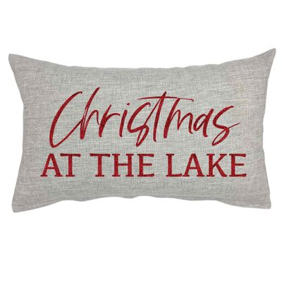 Christmas at the Lake Throw Pillow Cover, 12x20 18x18 Faux Linen, Decorative Sofa Couch, Sparkly or Matte, Red White Gold Green Grey (12x20-1 pillow cover, Red Sparkly)