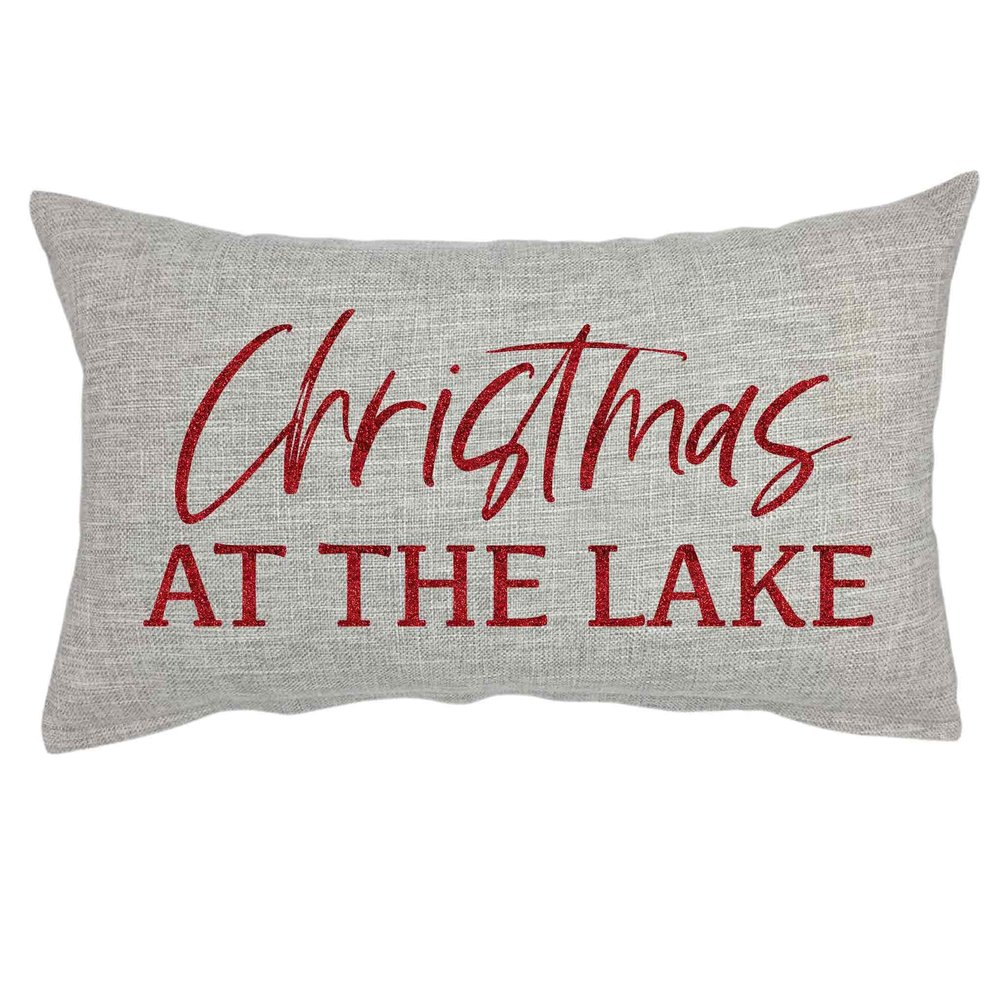Christmas at the Lake Throw Pillow Cover, 12x20 18x18 Faux Linen, Decorative Sofa Couch, Sparkly or Matte, Red White Gold Green Grey (12x20-1 pillow cover, Red Sparkly)