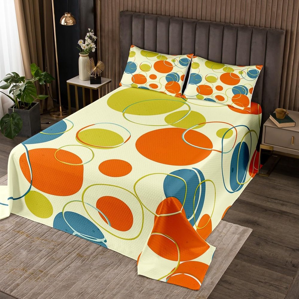 3 Piece Colorful Circle Quilt Bedding Set Women Aldult Lightweight Bedding Retro Abstract Bedspread Set Green Dots Bedspread Coverlet Soft Microfiber Home Quilt Set for King Bed All Season