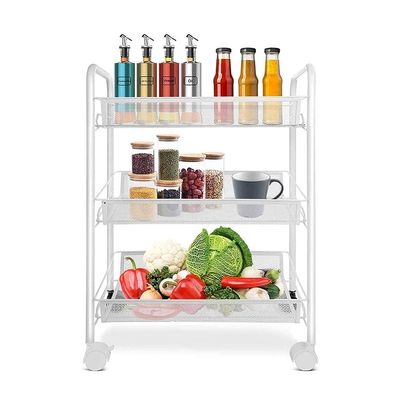 GAXQFEI Utility Carts Hua 3 Tier Metal Storage Rack, Removable Portable Kitchen Storage Trolley, Rolling Trolley Load-Bea30Kg, with 5 Hooks/White
