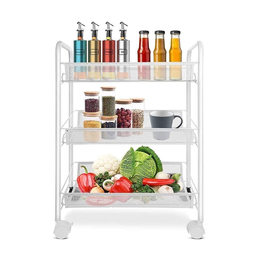 GAXQFEI Utility Carts Hua 3 Tier Metal Storage Rack, Removable Portable Kitchen Storage Trolley, Rolling Trolley Load-Bea30Kg, with 5 Hooks/White