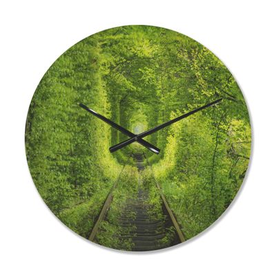 DesignQ 'Lush Green Forest Around Rail Way Tunnel ' Modern Wood Wall Clock Large Decorative Modern Wall Clock Oversized Wood Clocks for Living Room Dcor