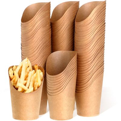 200 Pcs Disposable French Fries Holder 14 oz Take out Party Baking Supplies Waffle Paper Popcorn Sandwich Ice Cream Holder Cup Kraft Paper Container for Wedding Party Food Cones (brown, 200 Pieces)
