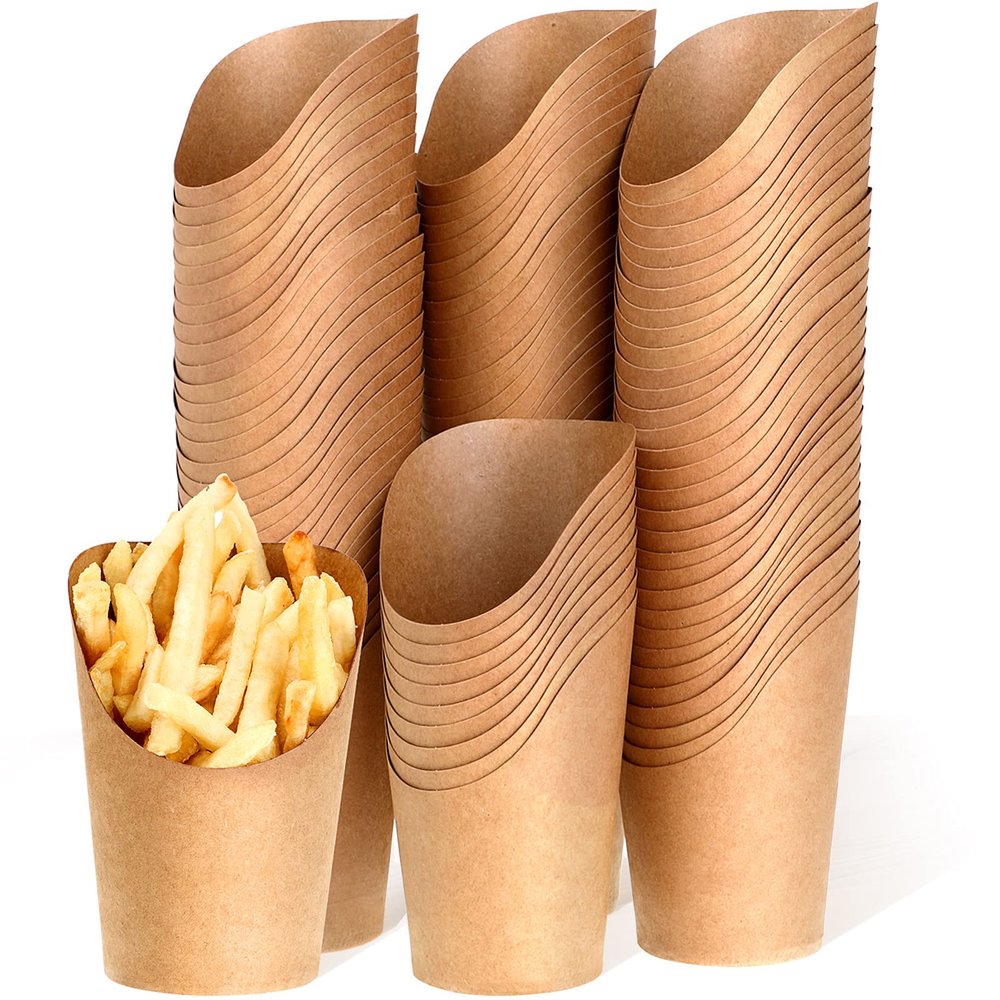 200 Pcs Disposable French Fries Holder 14 oz Take out Party Baking Supplies Waffle Paper Popcorn Sandwich Ice Cream Holder Cup Kraft Paper Container for Wedding Party Food Cones (brown, 200 Pieces)