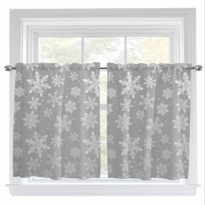 Jolunifun Christmas Winter Kitchen Curtain 45 Inch Length, Xmas Snowflake Holiday Grey Small Short Cafe Tiers Curtains Drape, 2 Panel Window Treatment Rod Pocket Drapery Panels Curtains 104x45