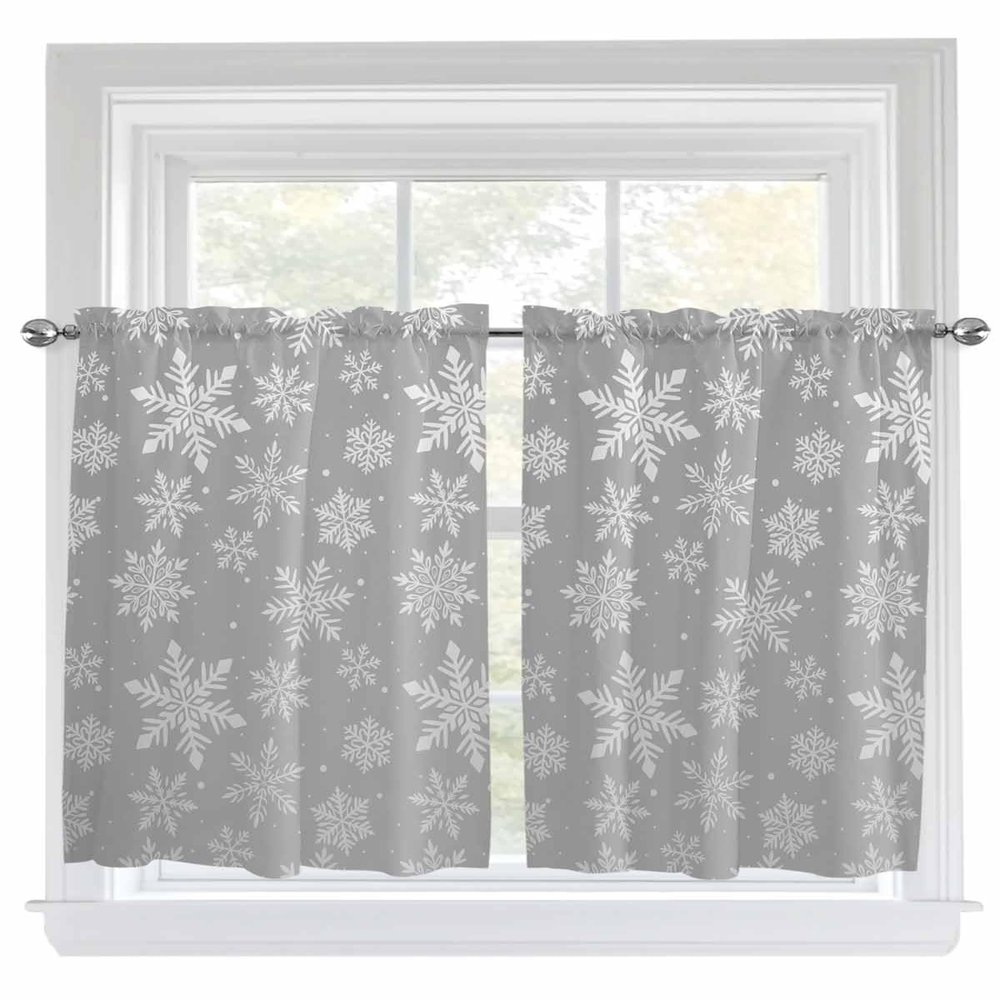 Jolunifun Christmas Winter Kitchen Curtain 45 Inch Length, Xmas Snowflake Holiday Grey Small Short Cafe Tiers Curtains Drape, 2 Panel Window Treatment Rod Pocket Drapery Panels Curtains 104x45