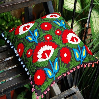 Indian Decorative Embroidered Handmade Suzani Designed Sofa Cushion Cover with Cotton Pom Poms Gift for Him Or Her 16 "Interior Decor (50)