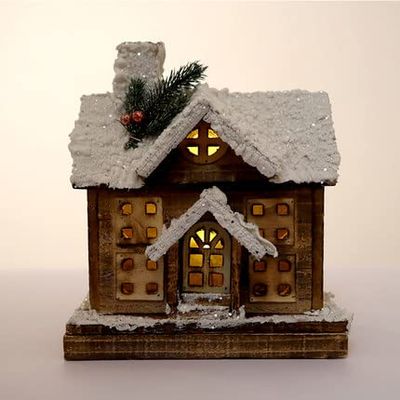 XBAOMING Christmas Decorations, Illuminated Wooden Castle, Christmas Snow House, Used to Decorate The Scene of The Small Wooden House,Wood Color