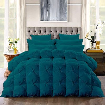 Anex Linen All Season 5 PC Down Alternative Comforter Set Cotton 500 GSM Lightweight Fluffy Quilted Collection Best Pinch Pleated Comforter with 4 Shams Full | Teal Pin Tuck Comforter