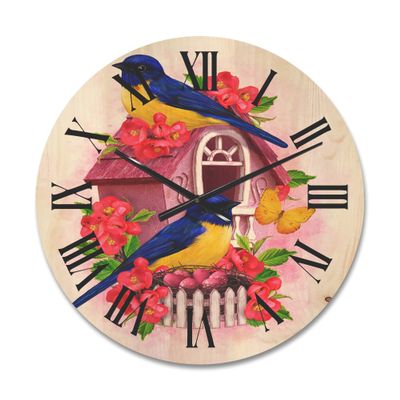 DesignQ 'Two Yellow and Blue Tit Birds Sitting Near The Nest' Traditional Wood Wall Clock Large Decorative Animals Wall Clock Oversized Wood Clocks for Living Room Dcor
