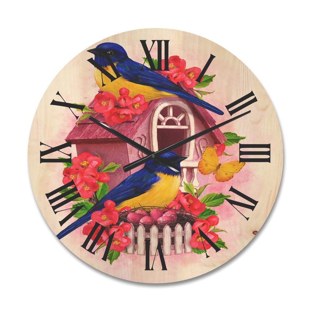 DesignQ 'Two Yellow and Blue Tit Birds Sitting Near The Nest' Traditional Wood Wall Clock Large Decorative Animals Wall Clock Oversized Wood Clocks for Living Room Dcor