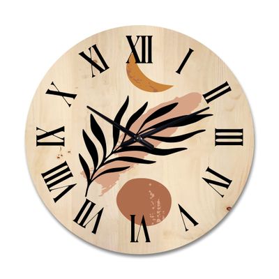 DesignQ 'Abstact Tropical Palm Leaf, Minimal Sun and Moon I' Modern Wood Wall Clock Large Decorative Abstract & Fractals Wall Clock Oversized Wood Clocks for Living Room Dcor