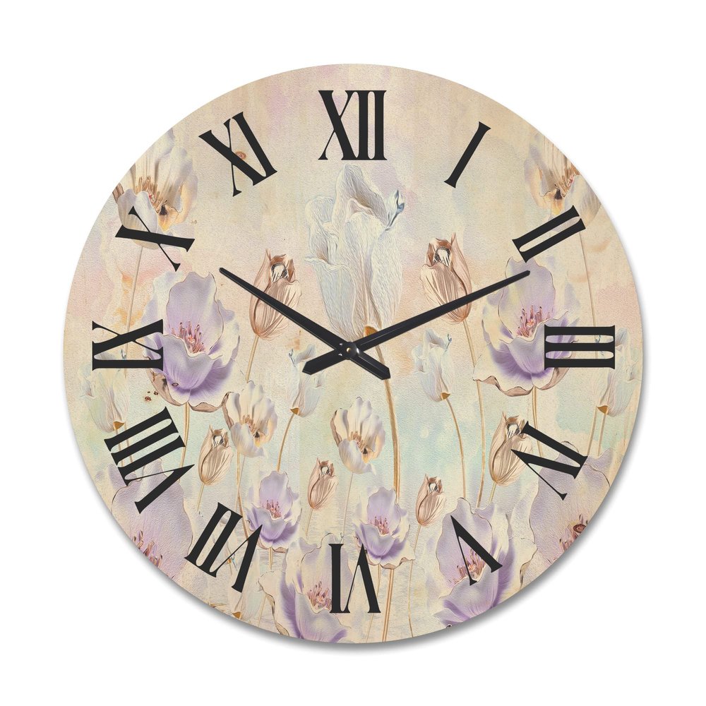 DesignQ Blossoming Pastel Tones Flowers  Traditional Wood Clock, Large Oversized Decorative Floral & Botanical Wall Clock for Living Room, Bedroom, Office & Dining Room Dcor