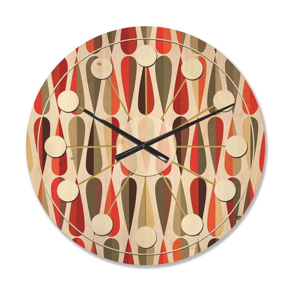 DesignQ 'Abstract Retro Drops IV' Mid-Century Modern Wood Wall Clock Large Decorative Mid-Century Modern Wall Clock Oversized Wood Clocks for Living Room Dcor