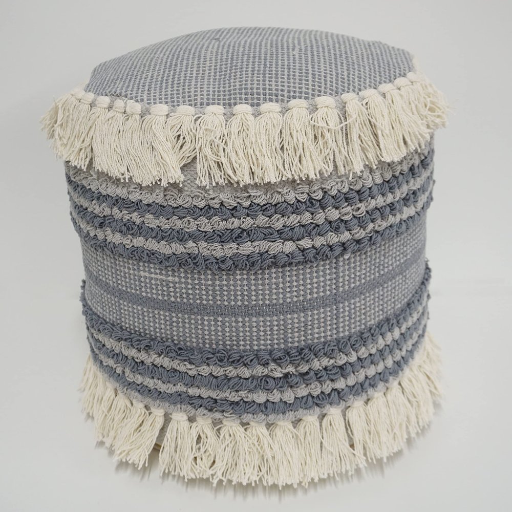 Home&Manor Wool Cotton 16" Blue Round Pouf Ottoman